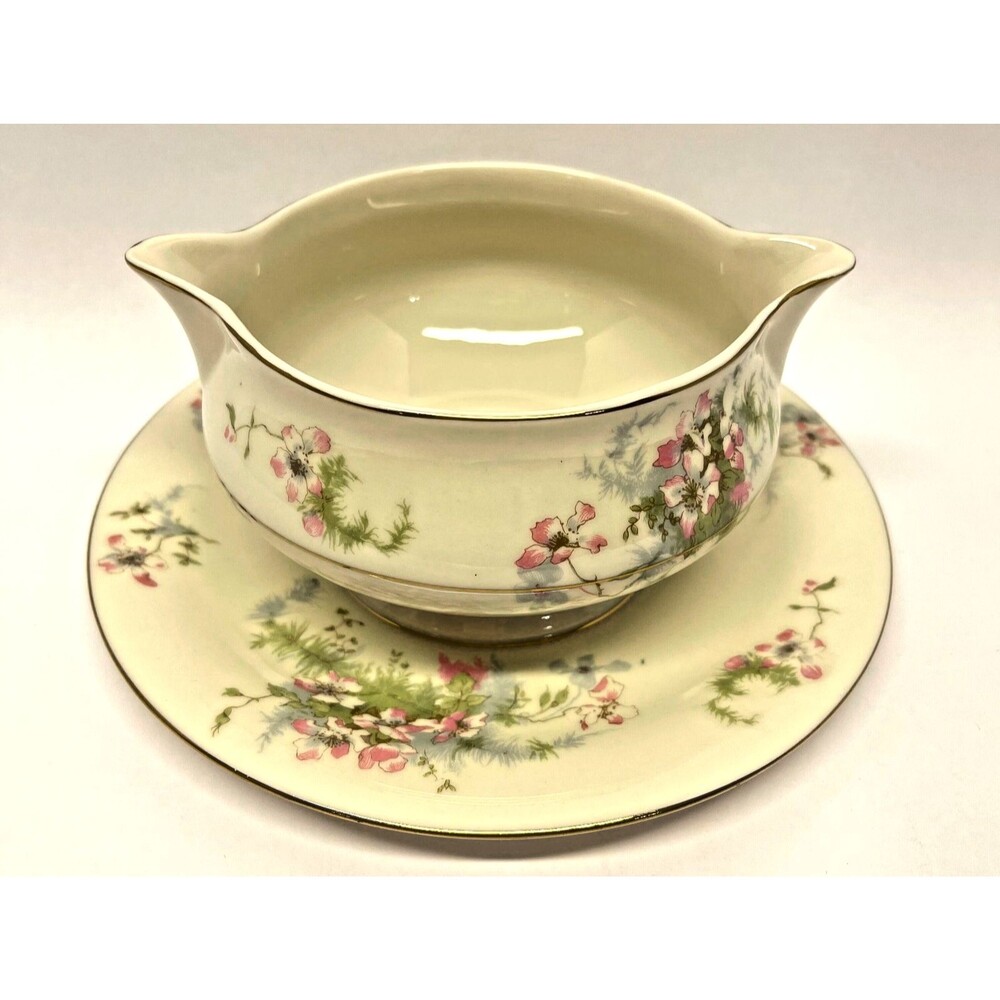 Theodore Haviland Apple Blossom Gravy Boat Attached Underplate USA Gold Trim